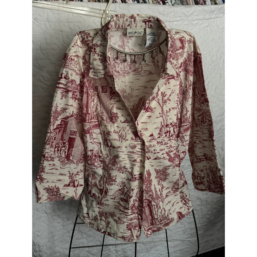 White Stag Toile de Jouy Wrap Blouse Set 2 Tusk Red Navy Cotton NWT Small